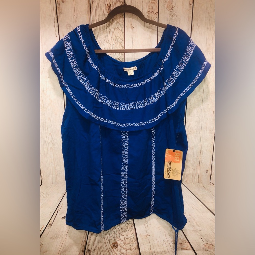 RUFF HEWN Blue/White Peasant Ruffle on/off Shoulder Blouse Top 3X Plus NWT.